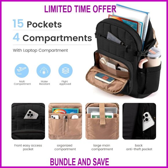 Quilted Puffer Laptop Backpack 15.6 Inch Lightweight Spacious Travel Work main image 6